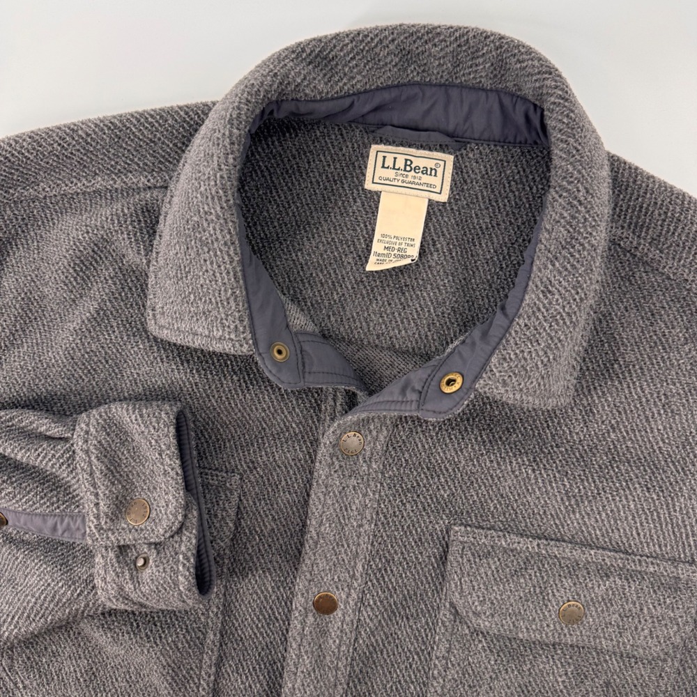 LL Bean Shirt Jacket Mens Medium Gray Fleece Elbow Patches Utility 508090